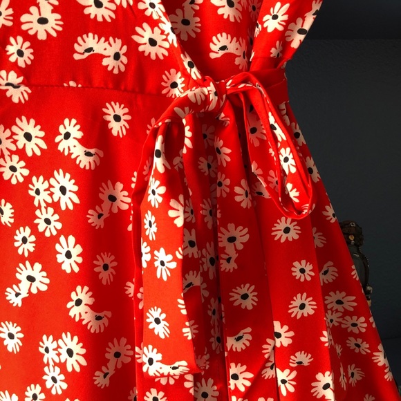 Red Floral V-Neck Wrap Midi Summer Dress - Picture 11 of 14